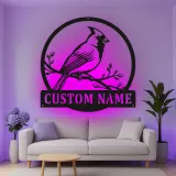 Décoration murale en métal personnalisée avec lumière LED en forme de cardinal - Cadeau pour amoureux de la nature - Décor de jardin ou de patio