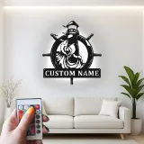 Cartel LED náutico de metal | Decoración mural personalizada con faro y timón | Decoración marítima personalizada para casa de playa