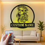 Cartel LED de calavera de azúcar personalizado | Arte mural de metal del Día de los Muertos | Decoración gótica personalizada | Regalo del Día de los Muertos