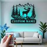 Custom Moose Mountain Scene Led Light Metal Wall Art Personalized Nature Gift for Outdoorsman Cabin Decor