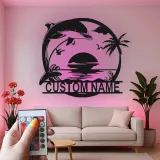 Cartel de metal personalizado con delfines al atardecer y luz LED, regalo para amantes de la playa, decoración costera para el salón