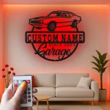 Décoration murale en métal personnalisée avec rétroéclairage LED de voiture classique - Cadeau de garage pour lui
