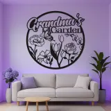 Cartel personalizado del jardín de la abuela | Arte mural de metal LED | Decoración floral de mariposa personalizada | Regalo del Día de la Madre para Nana