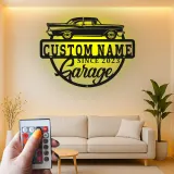 Enseigne LED en métal voiture classique personnalisée | Déco de garage vintage personnalisée | Art mural rétroéclairé pour man cave | Cadeau unique pour passionnés d’auto
