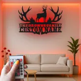 Insegna in metallo LED a forma di corna di cervo personalizzata - Regalo per nome di famiglia per decorazione rustica di cabin
