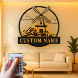 Décoration murale en métal personnalisée avec moulin à vent, lumière LED, cadeau de crémaillère, décoration de ferme rustique