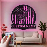 Décoration murale en métal personnalisée avec cerf et drapeau américain, éclairage LED, cadeau personnalisé pour chasseurs, décoration de cabane rustique 4