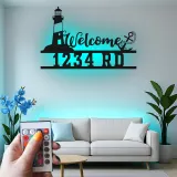 Insegna Indirizzo Faro LED | Arte di Benvenuto in Metallo Personalizzata | Decorazione Nautica per Casa al Mare e Clinica Costiera