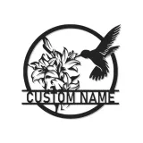 Hummingbird & Lily LED Metal Wall Art | Personalized Name Sign for Home | Custom Floral Bird Decor for Garden Lovers
