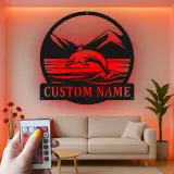 Cartel de metal personalizado con escena oceánica de delfines y luz LED, regalo para amantes de la playa, decoración costera para el hogar