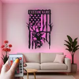 Décoration murale en métal personnalisée avec cerf et drapeau américain, éclairage LED, cadeau personnalisé pour chasseurs, décoration de cabane rustique 3