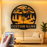 Custom Disc Golf Mountain Scene Led Light Metal Wall Art Personalized Gift for Disc Golfers Outdoor Enthusiast Decor