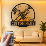 Cartel de metal LED con trompeta y notas musicales personalizado, regalo para músicos, decoración para estudio o sala de música
