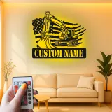 Décoration murale en métal LED personnalisée pour excavateur - Cadeau pour travailleurs de la construction - Décor de garage ou de bureau