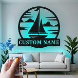 Personalized Sailboat Metal Sign with LED | Nautical Wall Art for Coastal Home | Custom Beach House Decor & Boating Gift
