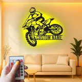 Personalisierte Metall-Wandkunst mit LED-Beleuchtung für Motocross-Fahrer – Geschenk für Dirtbike-Enthusiasten, Garage oder Spielzimmer Dekor