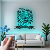 Arte LED in metallo con motore V-Twin | Insegna motociclistica personalizzata per garage | Targa biker su misura | Decorazione per man cave