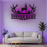 Insegna in metallo LED a forma di corna di cervo personalizzata - Regalo per nome di famiglia per decorazione rustica di cabin