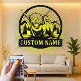 Decoración mural de metal LED de vaca de las Highlands | Letrero personalizado para rancho con luces | Decoración farmhouse personalizada para hogar y negocio