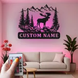 Cartel LED de alce macho | Arte mural rústico de cabaña | Decoración personalizada de bosque de montaña | Regalo para amante de la vida salvaje