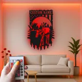 Personalisierte Metall-Wandkunst mit Elch und LED | Individuelles Namensschild mit amerikanischer Flagge | Rustikale Dekoration für Naturfreunde