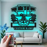 Custom Camper and Firepit Led Light Metal Wall Art Personalized Camping Gift Outdoor Patio Decor