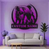 Décoration murale en métal LED personnalisée Forêt d'Ours - Cadeau pour amoureux de la nature - Décor de chalet