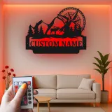 Letrero LED de bicicleta de montaña y alce | Decoración mural de metal personalizada para cabaña rústica | Regalo personalizado para amantes de la aventura al aire libre y el ciclismo