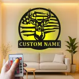 Custom Deer American Flag Led Light Metal Wall Art Personalized Gift for Hunters Rustic Man Cave Decor