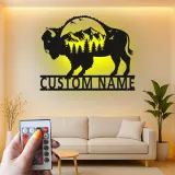 Cartel de metal personalizado con escena de montaña y bisonte iluminado LED, regalo para amantes de la naturaleza, decoración rústica para salas de estar