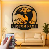 Custom Dolphin Ocean Scene Led Light Metal Wall Art Personalized Beach Lover Gift Coastal Living Room Decor