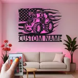 Décoration murale en métal personnalisée avec tracteur et drapeau américain en rétroéclairage - Cadeau pour agriculteur - Décor rustique de ferme