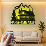 Custom Mountain Cabin Led Light Metal Wall Art Personalized Housewarming Gift Rustic Living Room Decor