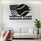 Insegna in metallo personalizzata con luce LED bandiera americana per baseball, regalo sportivo per fan del baseball, decorazione per sala giochi