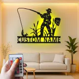 Cartel de pesca personalizado con LED | Arte mural de metal con nombre personalizado | Decoración rústica de casa de campo y regalo para pescador
