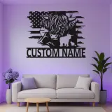 Décoration murale en métal Highland Cow | Enseigne LED personnalisée avec drapeau USA | Déco ranch sur mesure | Cadeau pour fermier