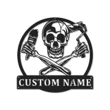 Individuelles Skull Painter Schild | Personalisiertes LED Metallschild für Studio | Gothic Wanddekoration für Künstler | Überkreuzte Pinsel- & Farbroller-Logo