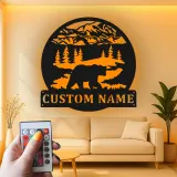 Custom Bear Mountain Scene Led Light Metal Wall Art Personalized Gift for Nature Lovers Cabin Decor