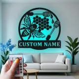 Décoration murale en métal personnalisée Abeille et Rayons de miel avec rétroéclairage