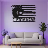 Insegna in metallo Chitarra e bandiera americana | Arte murale LED personalizzata per musicisti | Decorazione patriottica per casa e studio
