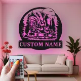 Insegna in metallo LED personalizzata con bisonte e famiglia - Regalo per amanti della natura - Decorazione rustica per cabin