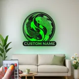 Cartel de metal de peces Koi Yin Yang | Arte mural LED personalizado | Decoración japonesa zen personalizada para sala de meditación y estudio