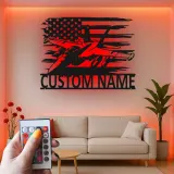 Insegna in metallo personalizzata con jet da combattimento | Arte murale LED personalizzata per pilota | Decorazione per sala hobby militare con bandiera USA