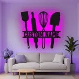 Insegna in metallo personalizzata con luce LED a forma di Utensili da Cucina - Regalo per Chef - Decorazione Moderna per Cucina