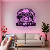 Décoration murale en métal personnalisée Crâne de Cowboy avec rétroéclairage LED - Cadeau personnalisé pour les passionnés de western - Décor de man cave