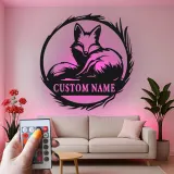 Enseigne renard LED en métal sur mesure | Décoration murale faune personnalisée | Décor rustique avec prénom pour chalet ou maison | Cadeau pour amoureux de la nature