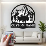 Cartel de metal LED personalizado de Bisonte y Montaña, regalo para amantes de la naturaleza, decoración rústica de cabaña 1
