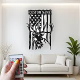Décoration murale en métal personnalisée avec cerf et drapeau américain, éclairage LED, cadeau personnalisé pour chasseurs, décoration de cabane rustique 3