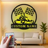 Enseigne métal pilote de karting personnalisée | Décoration murale LED pour garage | Cadeau fan de course | Déco man cave et salle de course