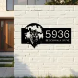 Custom Metal Wolf on full moon Metal Address Sign, House number, Outdoor Number Signage, Yard Sign Address Plate